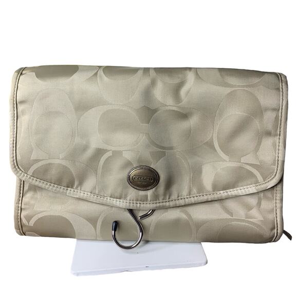 COACH Tan Signature Nylon Make Up Cosmetic Case Traveler Case - Picture 1 of 11